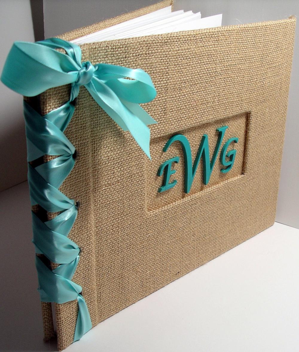 Wedding Guestbook/Album w/Monogram- Burlap w/Aqua Ribbon (custom colors available)