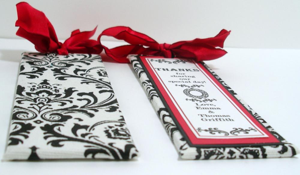 Handmade Wedding Bookmarker Favors - Black White & Red Damask Theme - (custom colors available)