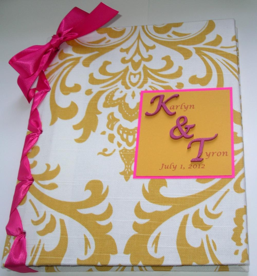 Handmade Wedding Guestbook/Album - Yellow & White Damask w/Fuschia Ribbon (custom colors available)