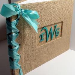 Wedding Guestbook/Album w/Monogram- Burlap w/Aqua Ribbon (custom colors available)