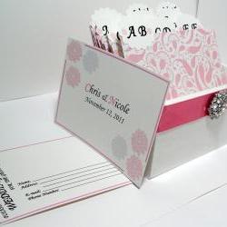 Custom Wedding Guest Box & Cards - Pink, White and Silver Damask (custom colors available)