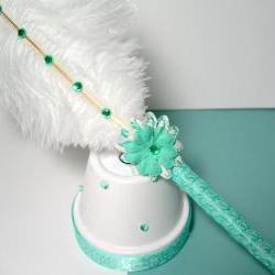 Ostrich Feather Pen & Stand - Aqua Green and White Damask